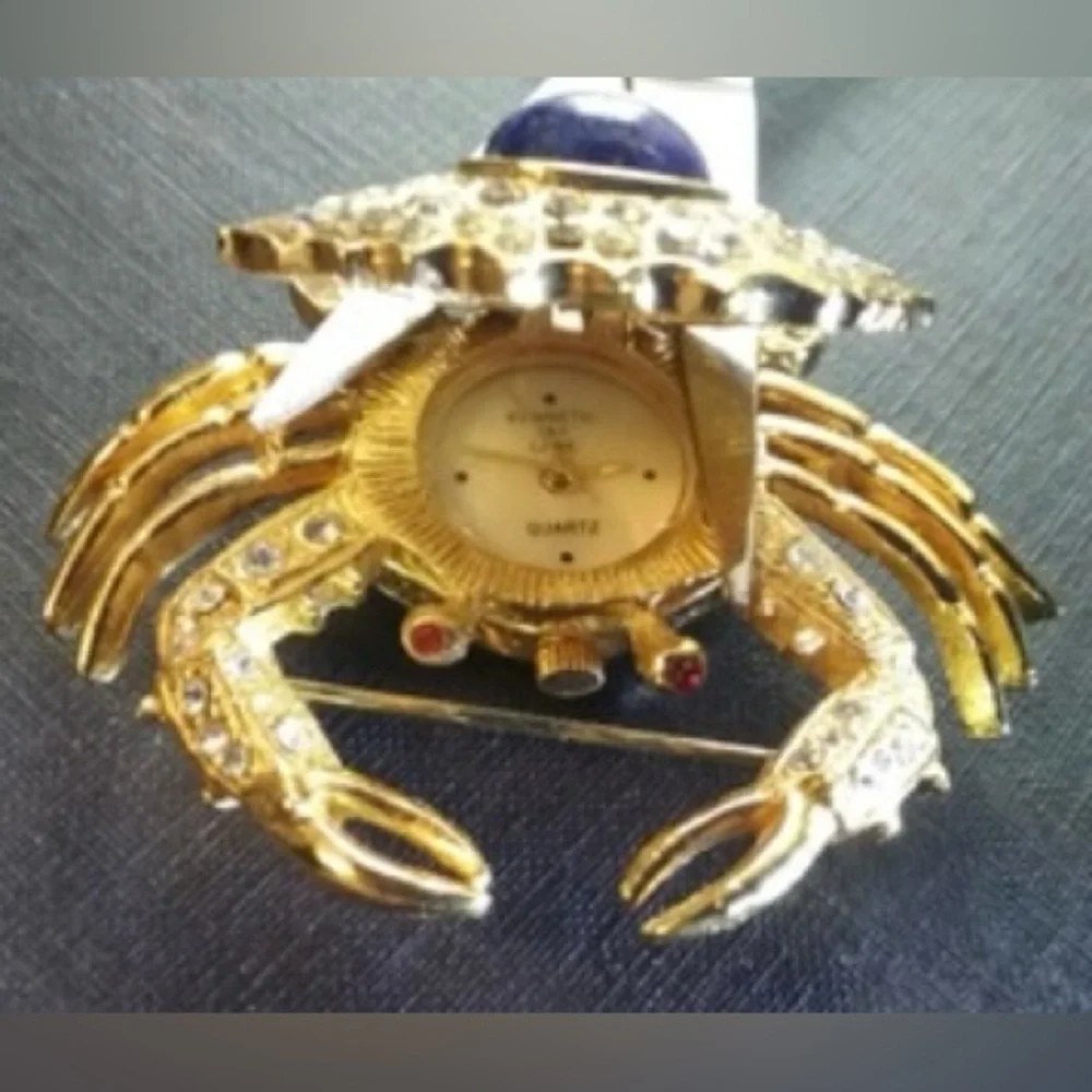 Kenneth Jay Lane: Crab blue Lapis gold/plated clear rhinestones watch brooch/pin